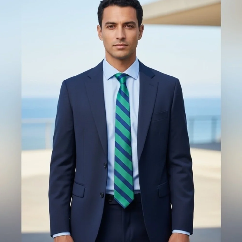Nautica Silk Tie Green Navy Blue Diagonal Stripe Classic Preppy Style